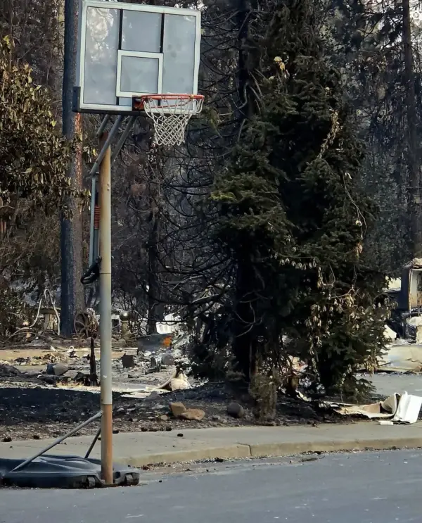 A portable hoop at the curb, undamaged. The house it stood in front of is the debris field behind it.