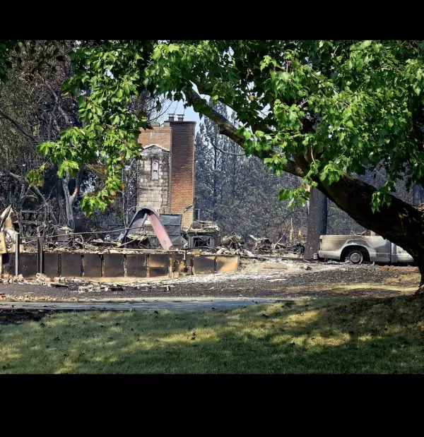 The maple in the front yard is still in leaf. Behind it, the chimney and a burned pickup are what is left.