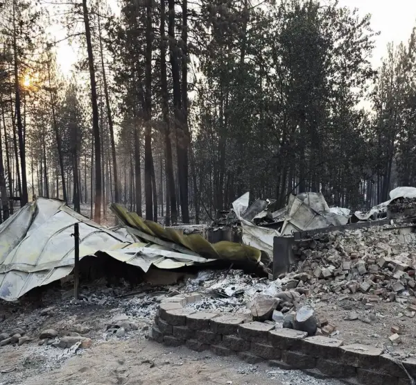 Sheet roofing folded onto the foundation, the brick chimney collapsed into a pile beside it.