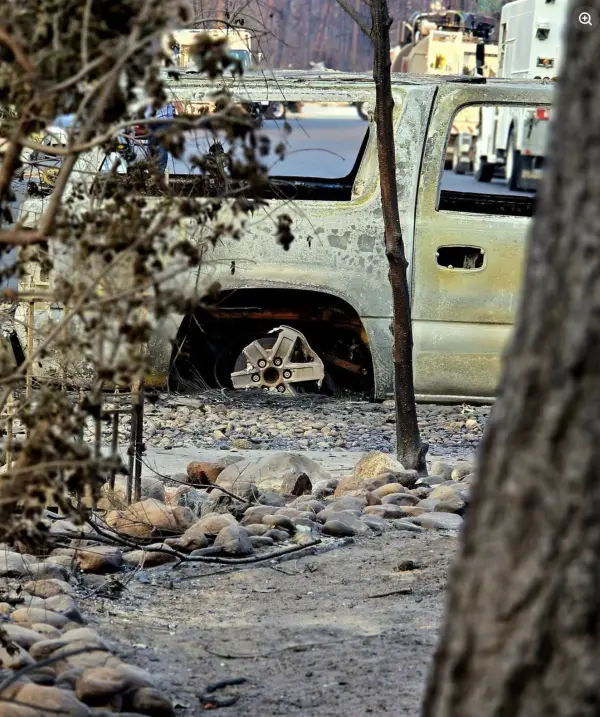 A burned truck in a landscaped yard, seen through scorched brush. Utility crews are working the road behind.